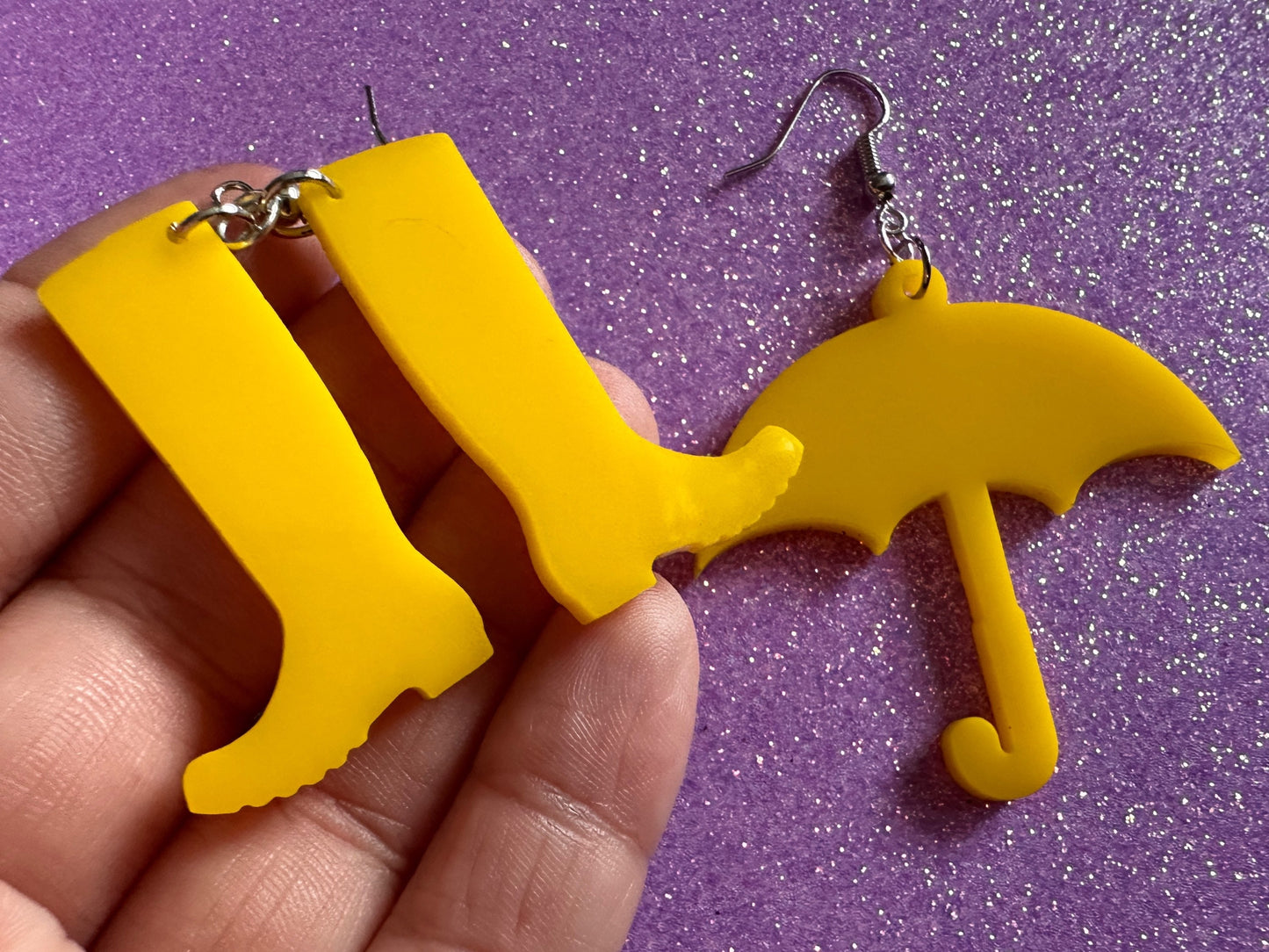 Rain Boots & Umbrella Earrings: Laser Cut Acrylic Umbrellas, Rain, Weather, Rainy Day, Yellow, Rubber Boots, Best Gifts for Her/Him/Them