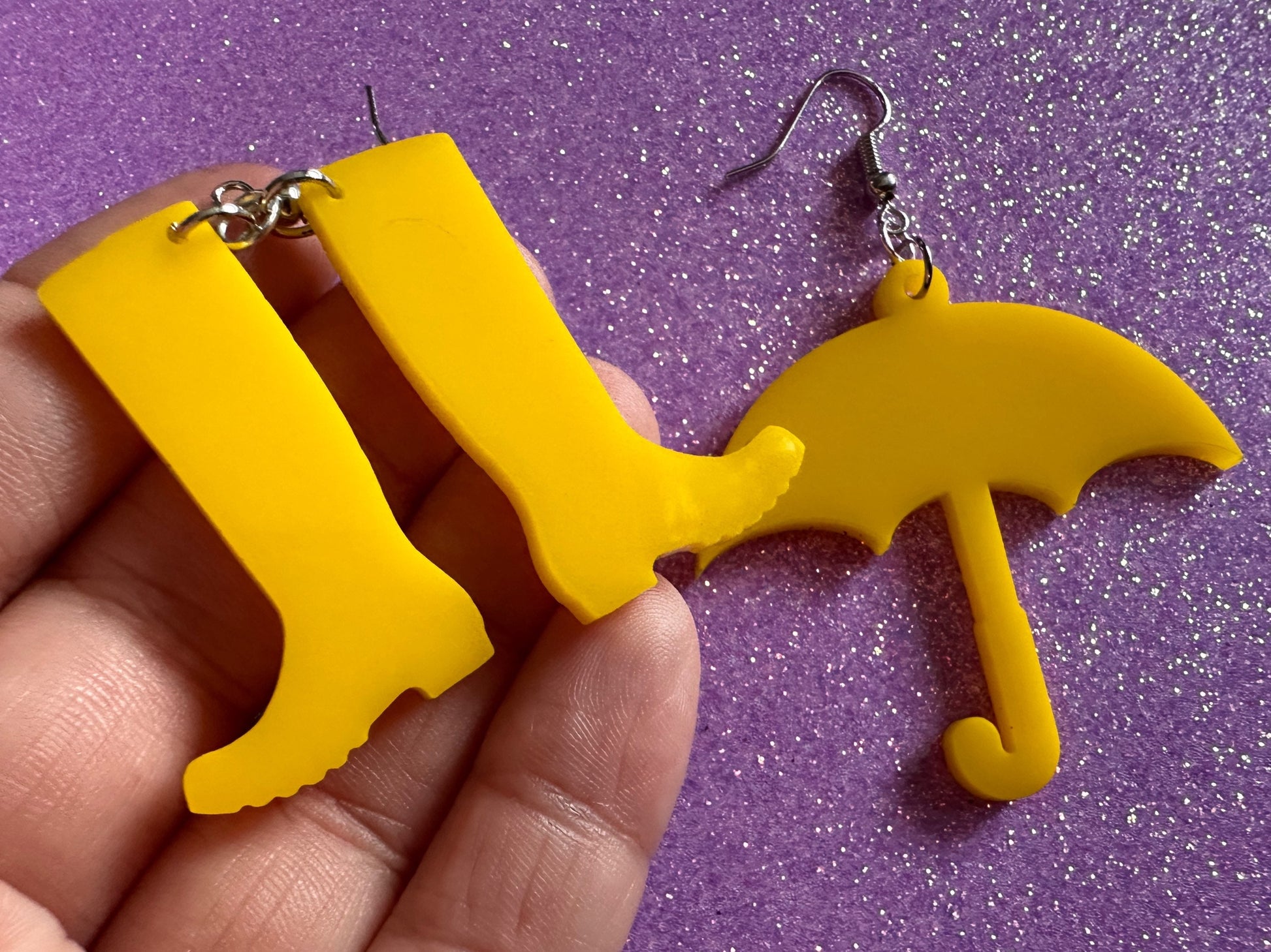 Rain Boots & Umbrella Earrings: Laser Cut Acrylic Umbrellas, Rain, Weather, Rainy Day, Yellow, Rubber Boots, Best Gifts for Her/Him/Them