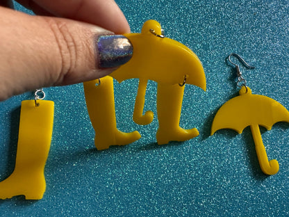 Rain Boots & Umbrella Earrings: Laser Cut Acrylic Umbrellas, Rain, Weather, Rainy Day, Yellow, Rubber Boots, Best Gifts for Her/Him/Them