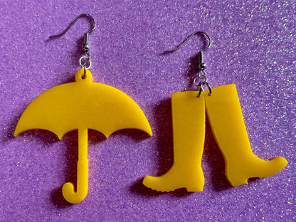 Rain Boots & Umbrella Earrings: Laser Cut Acrylic Umbrellas, Rain, Weather, Rainy Day, Yellow, Rubber Boots, Best Gifts for Her/Him/Them
