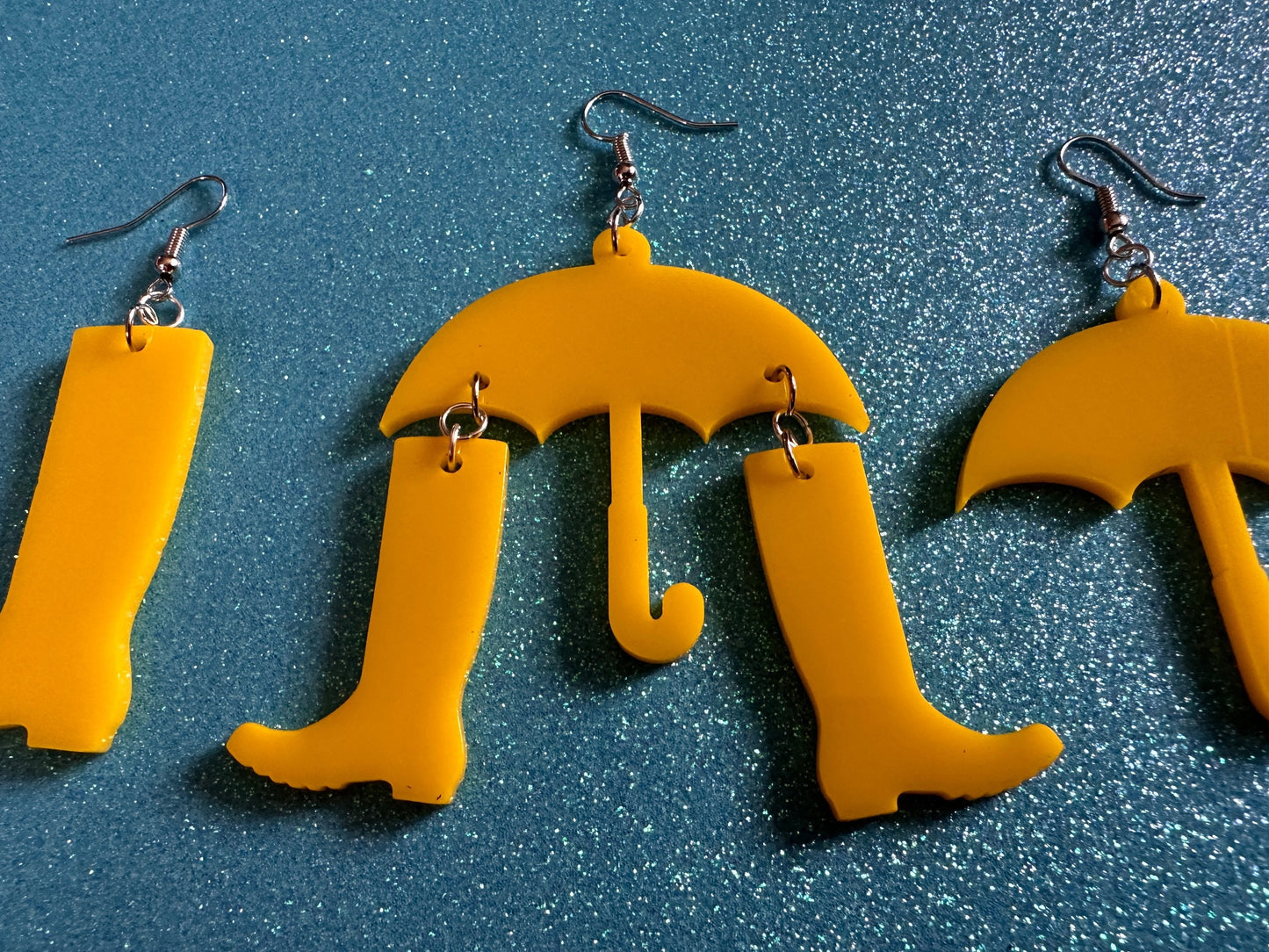 Rain Boots & Umbrella Earrings: Laser Cut Acrylic Umbrellas, Rain, Weather, Rainy Day, Yellow, Rubber Boots, Best Gifts for Her/Him/Them