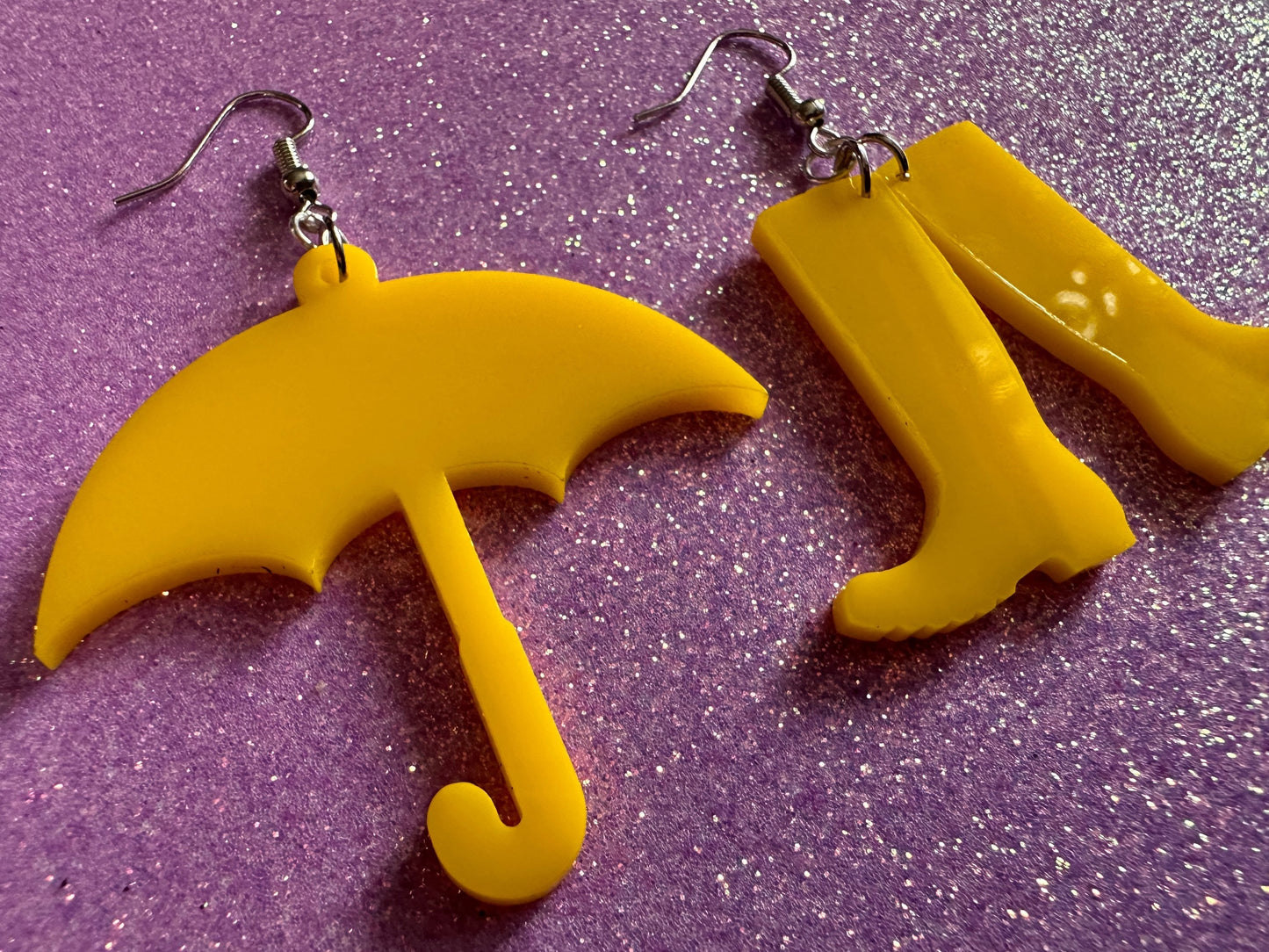 Rain Boots & Umbrella Earrings: Laser Cut Acrylic Umbrellas, Rain, Weather, Rainy Day, Yellow, Rubber Boots, Best Gifts for Her/Him/Them