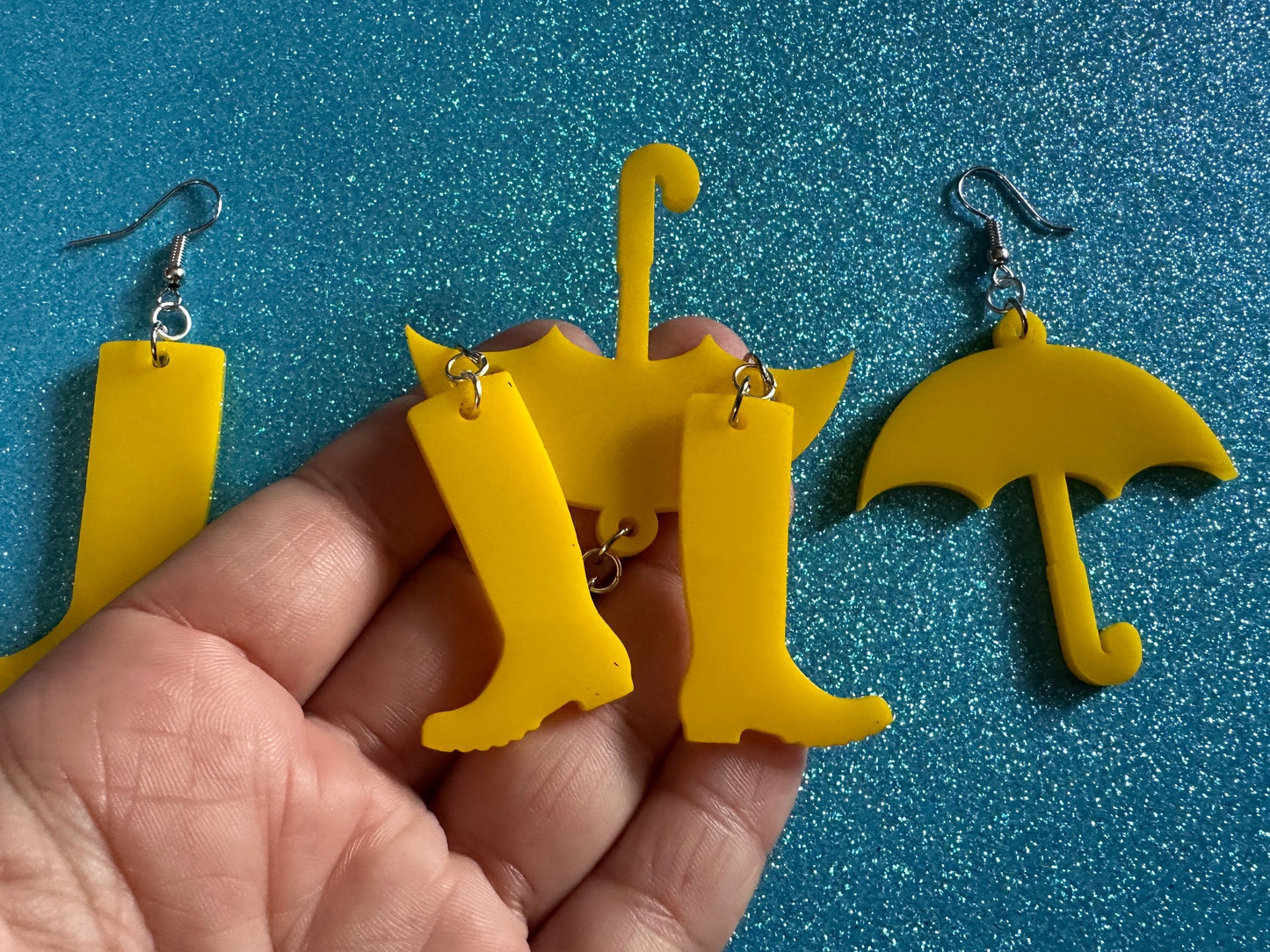 Rain Boots & Umbrella Earrings: Laser Cut Acrylic Umbrellas, Rain, Weather, Rainy Day, Yellow, Rubber Boots, Best Gifts for Her/Him/Them