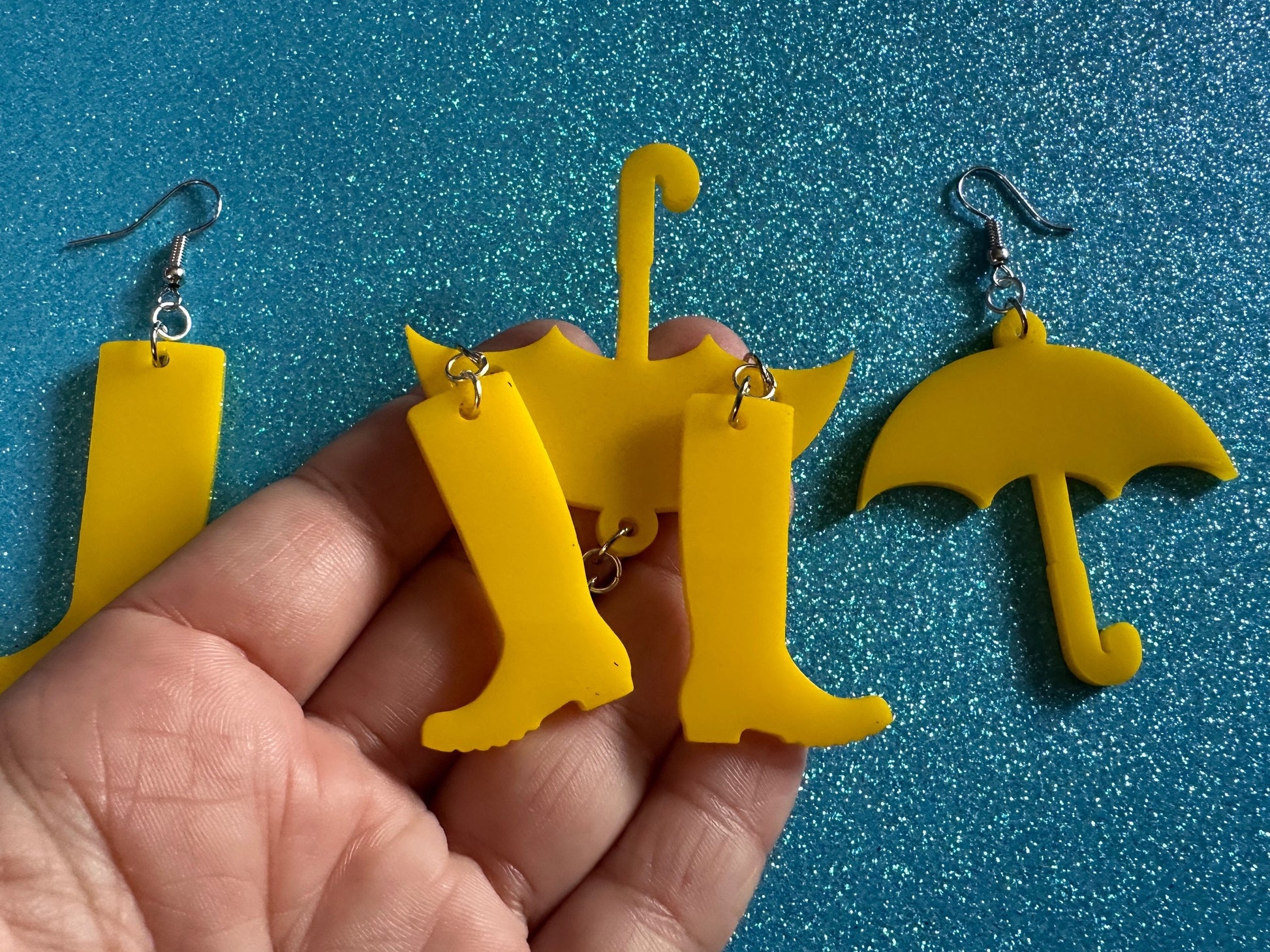 Rain Boots & Umbrella Earrings: Laser Cut Acrylic Umbrellas, Rain, Weather, Rainy Day, Yellow, Rubber Boots, Best Gifts for Her/Him/Them