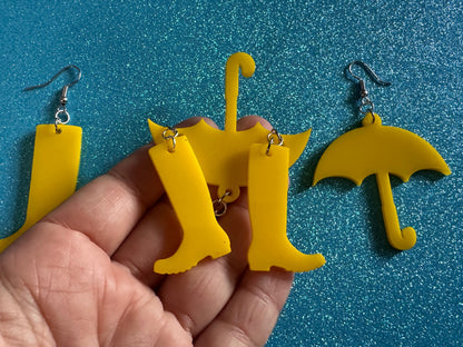 Rain Boots & Umbrella Earrings: Laser Cut Acrylic Umbrellas, Rain, Weather, Rainy Day, Yellow, Rubber Boots, Best Gifts for Her/Him/Them