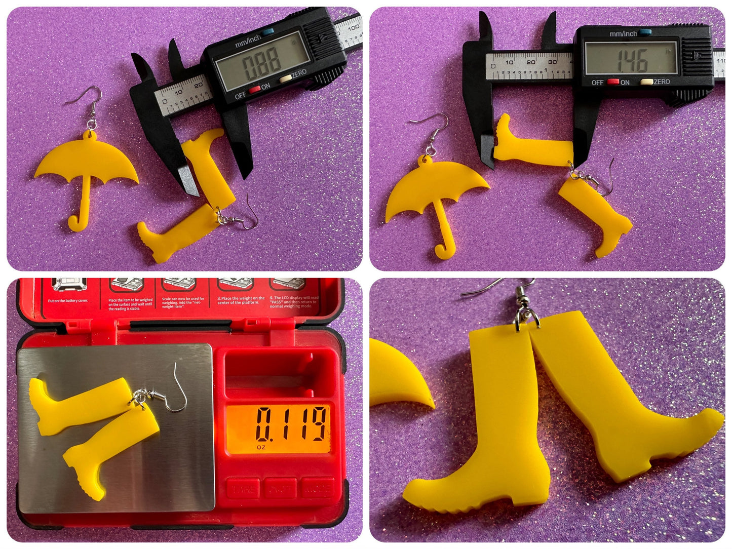 Rain Boots & Umbrella Earrings: Laser Cut Acrylic Umbrellas, Rain, Weather, Rainy Day, Yellow, Rubber Boots, Best Gifts for Her/Him/Them
