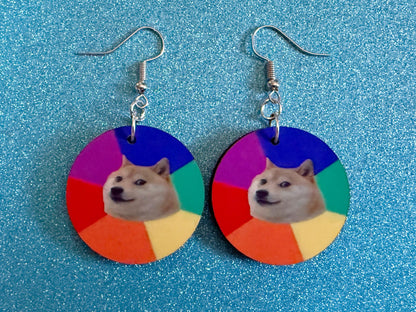 Rainbow Doge Meme  Earrings: Wooden Sublimated Meme Earrings, Dog Memes, Novelty, Pop Culture, Green Earrings, Best Gifts for Her/Him/Them