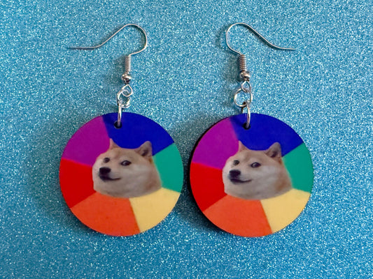 Rainbow Doge Meme  Earrings: Wooden Sublimated Meme Earrings, Dog Memes, Novelty, Pop Culture, Green Earrings, Best Gifts for Her/Him/Them