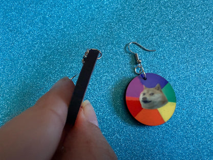 Rainbow Doge Meme  Earrings: Wooden Sublimated Meme Earrings, Dog Memes, Novelty, Pop Culture, Green Earrings, Best Gifts for Her/Him/Them