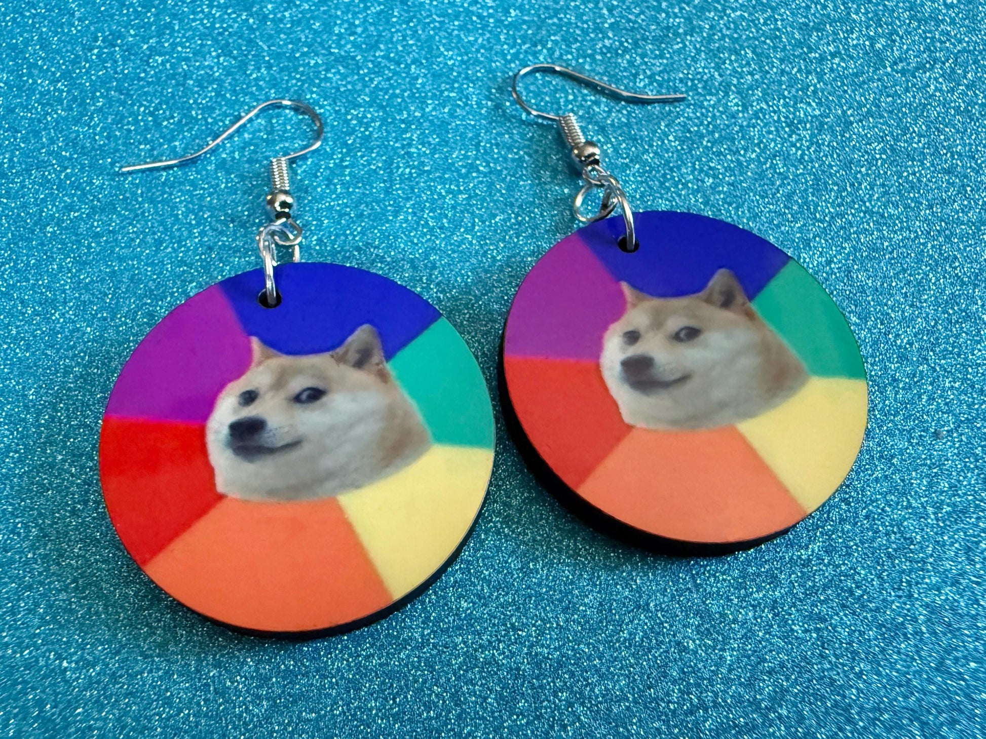 Rainbow Doge Meme  Earrings: Wooden Sublimated Meme Earrings, Dog Memes, Novelty, Pop Culture, Green Earrings, Best Gifts for Her/Him/Them