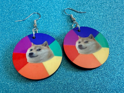 Rainbow Doge Meme  Earrings: Wooden Sublimated Meme Earrings, Dog Memes, Novelty, Pop Culture, Green Earrings, Best Gifts for Her/Him/Them