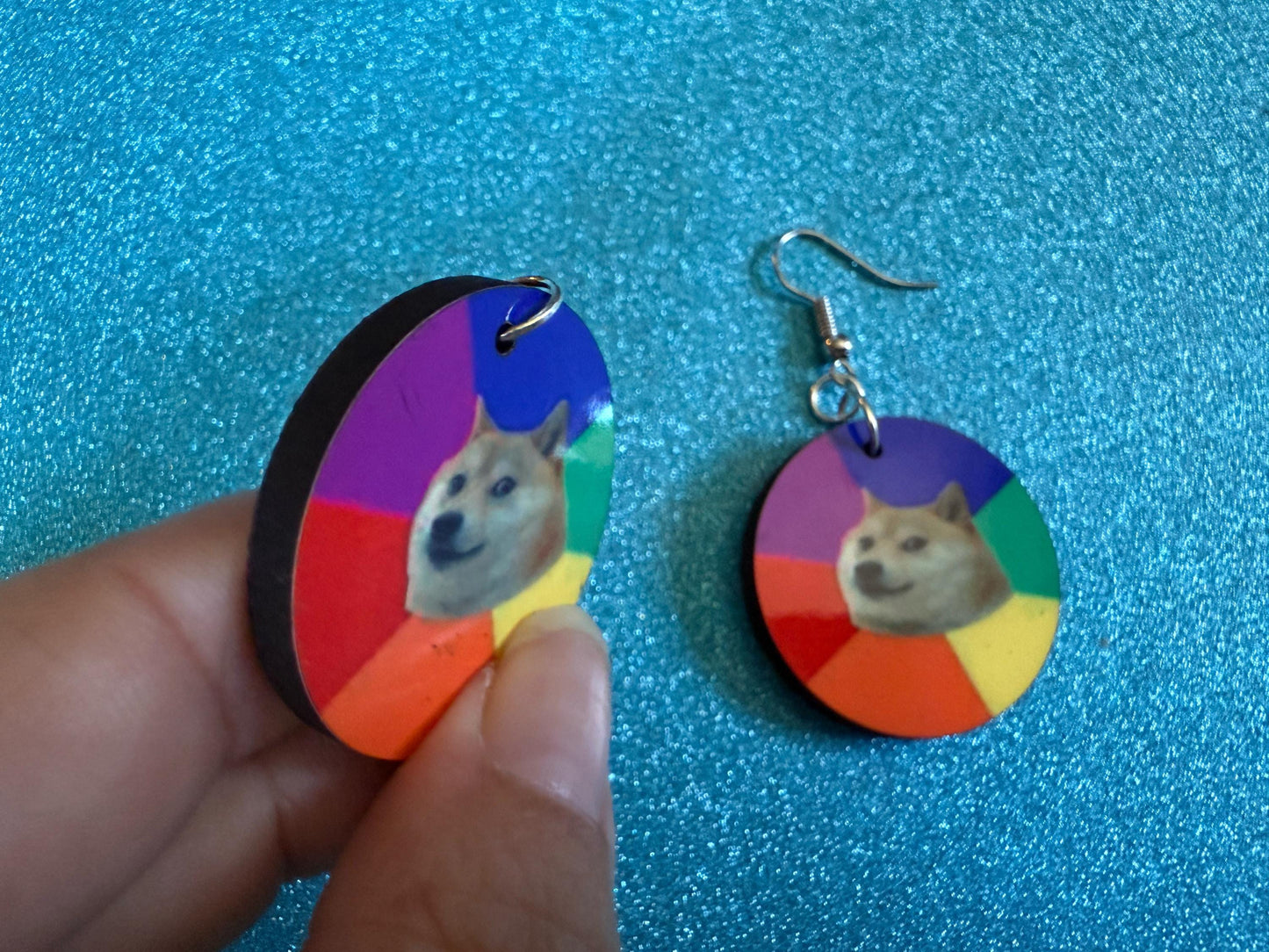 Rainbow Doge Meme  Earrings: Wooden Sublimated Meme Earrings, Dog Memes, Novelty, Pop Culture, Green Earrings, Best Gifts for Her/Him/Them