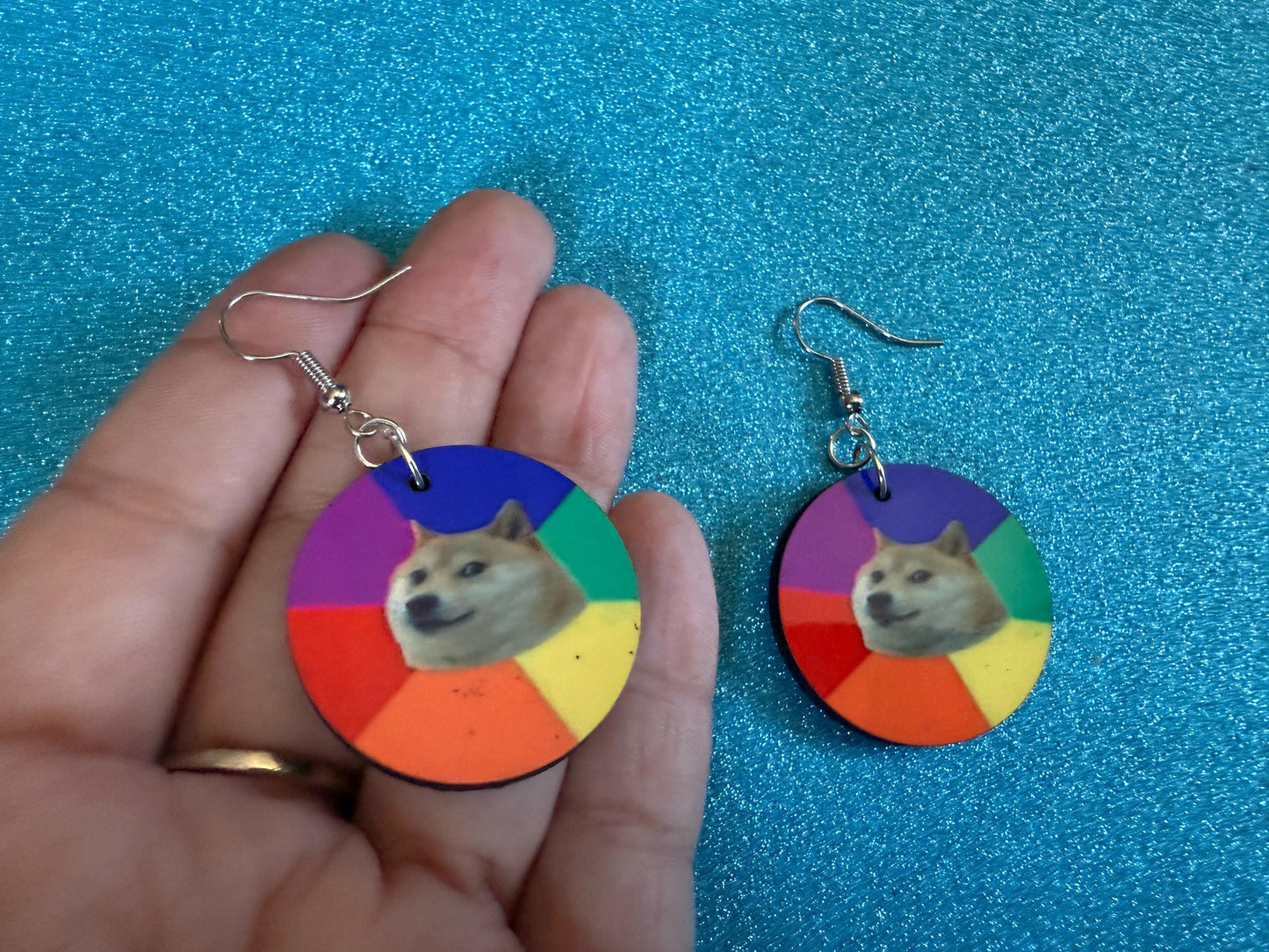 Rainbow Doge Meme  Earrings: Wooden Sublimated Meme Earrings, Dog Memes, Novelty, Pop Culture, Green Earrings, Best Gifts for Her/Him/Them