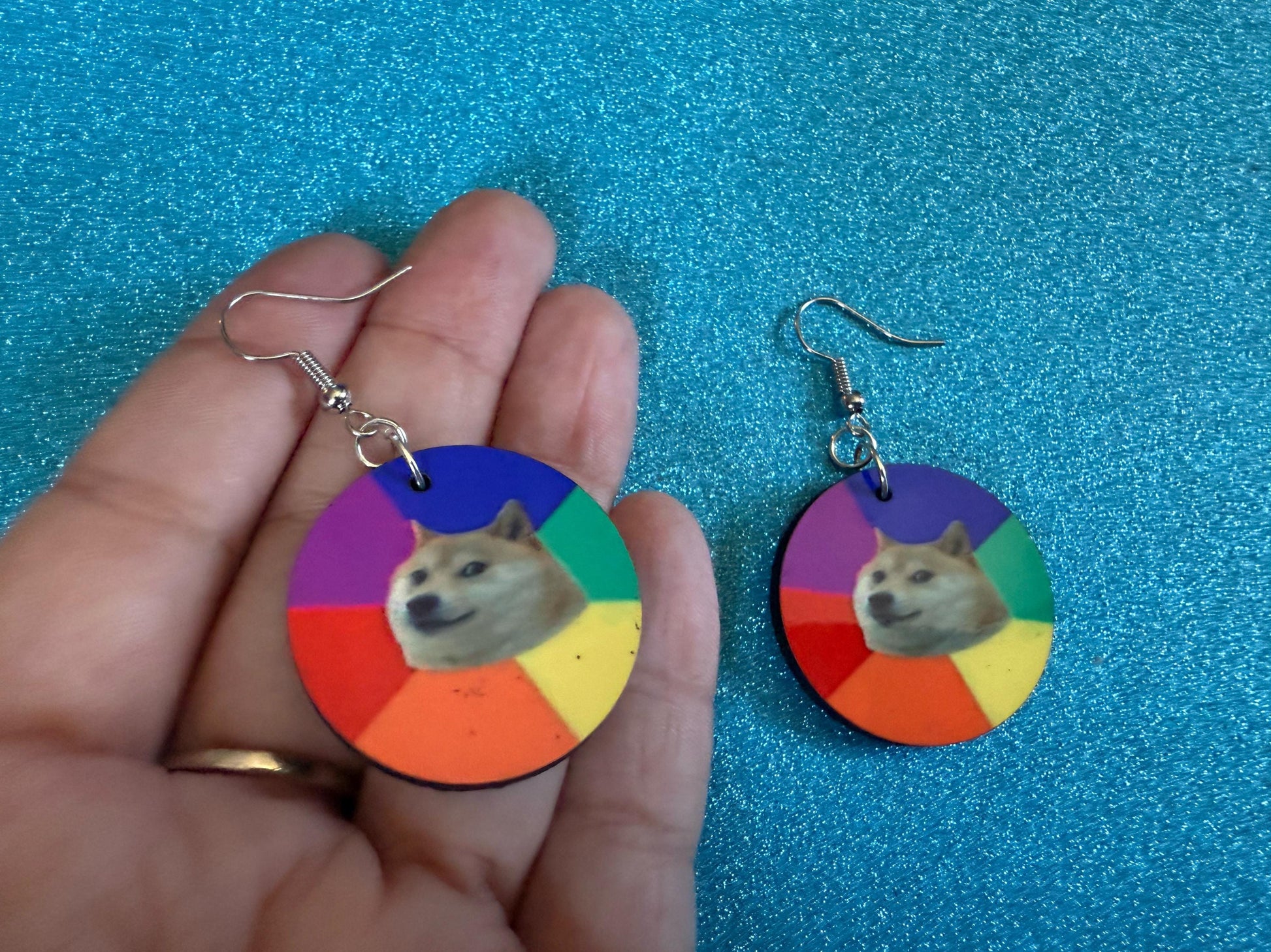Rainbow Doge Meme  Earrings: Wooden Sublimated Meme Earrings, Dog Memes, Novelty, Pop Culture, Green Earrings, Best Gifts for Her/Him/Them