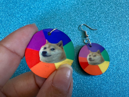 Rainbow Doge Meme  Earrings: Wooden Sublimated Meme Earrings, Dog Memes, Novelty, Pop Culture, Green Earrings, Best Gifts for Her/Him/Them