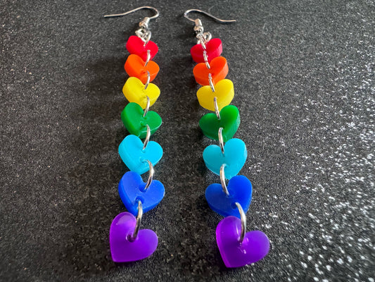 Rainbow Earrings: Laser Cut Acrylic Heart Chain, Rainbows, LGBTQIA+, Pride, Hawaii, Aloha, Colorful Hearts, Best Gifts for Her/Him/Them