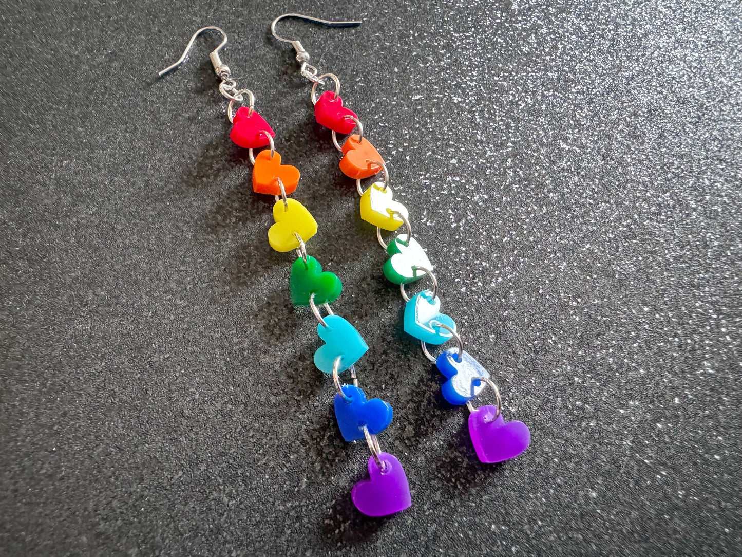 Rainbow Earrings: Laser Cut Acrylic Heart Chain, Rainbows, LGBTQIA+, Pride, Hawaii, Aloha, Colorful Hearts, Best Gifts for Her/Him/Them