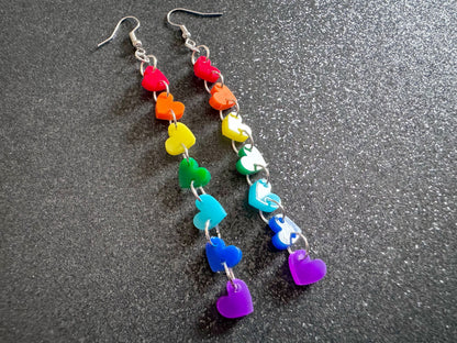 Rainbow Earrings: Laser Cut Acrylic Heart Chain, Rainbows, LGBTQIA+, Pride, Hawaii, Aloha, Colorful Hearts, Best Gifts for Her/Him/Them