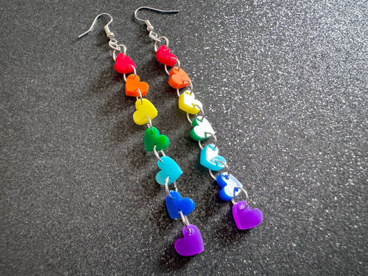 Rainbow Earrings: Laser Cut Acrylic Heart Chain, Rainbows, LGBTQIA+, Pride, Hawaii, Aloha, Colorful Hearts, Best Gifts for Her/Him/Them