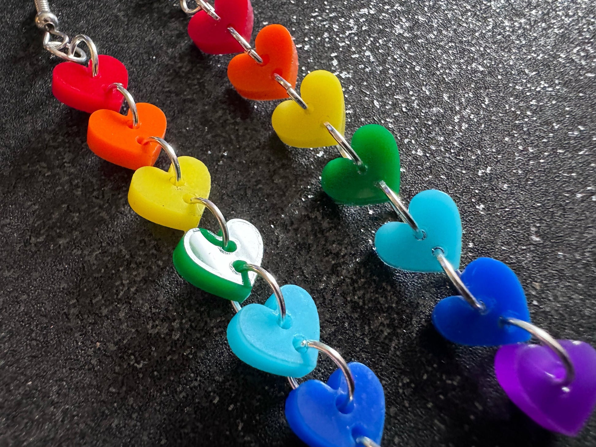 Rainbow Earrings: Laser Cut Acrylic Heart Chain, Rainbows, LGBTQIA+, Pride, Hawaii, Aloha, Colorful Hearts, Best Gifts for Her/Him/Them