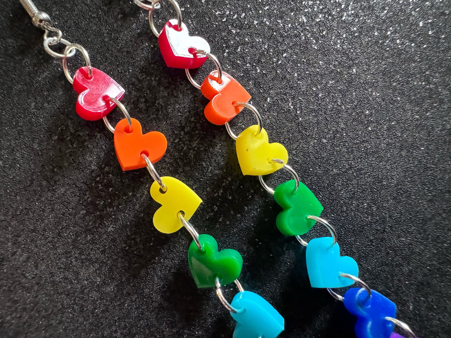 Rainbow Earrings: Laser Cut Acrylic Heart Chain, Rainbows, LGBTQIA+, Pride, Hawaii, Aloha, Colorful Hearts, Best Gifts for Her/Him/Them