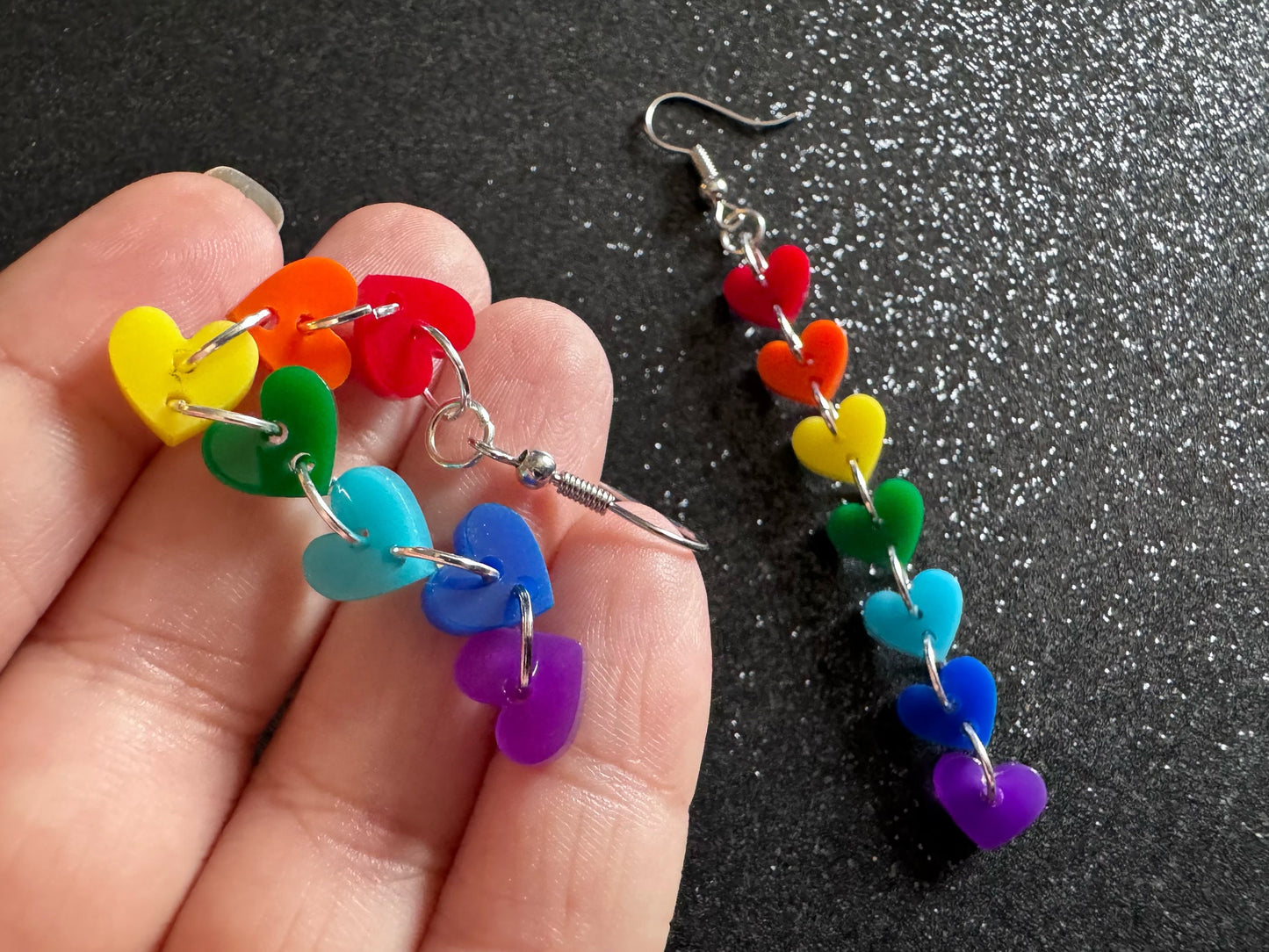 Rainbow Earrings: Laser Cut Acrylic Heart Chain, Rainbows, LGBTQIA+, Pride, Hawaii, Aloha, Colorful Hearts, Best Gifts for Her/Him/Them
