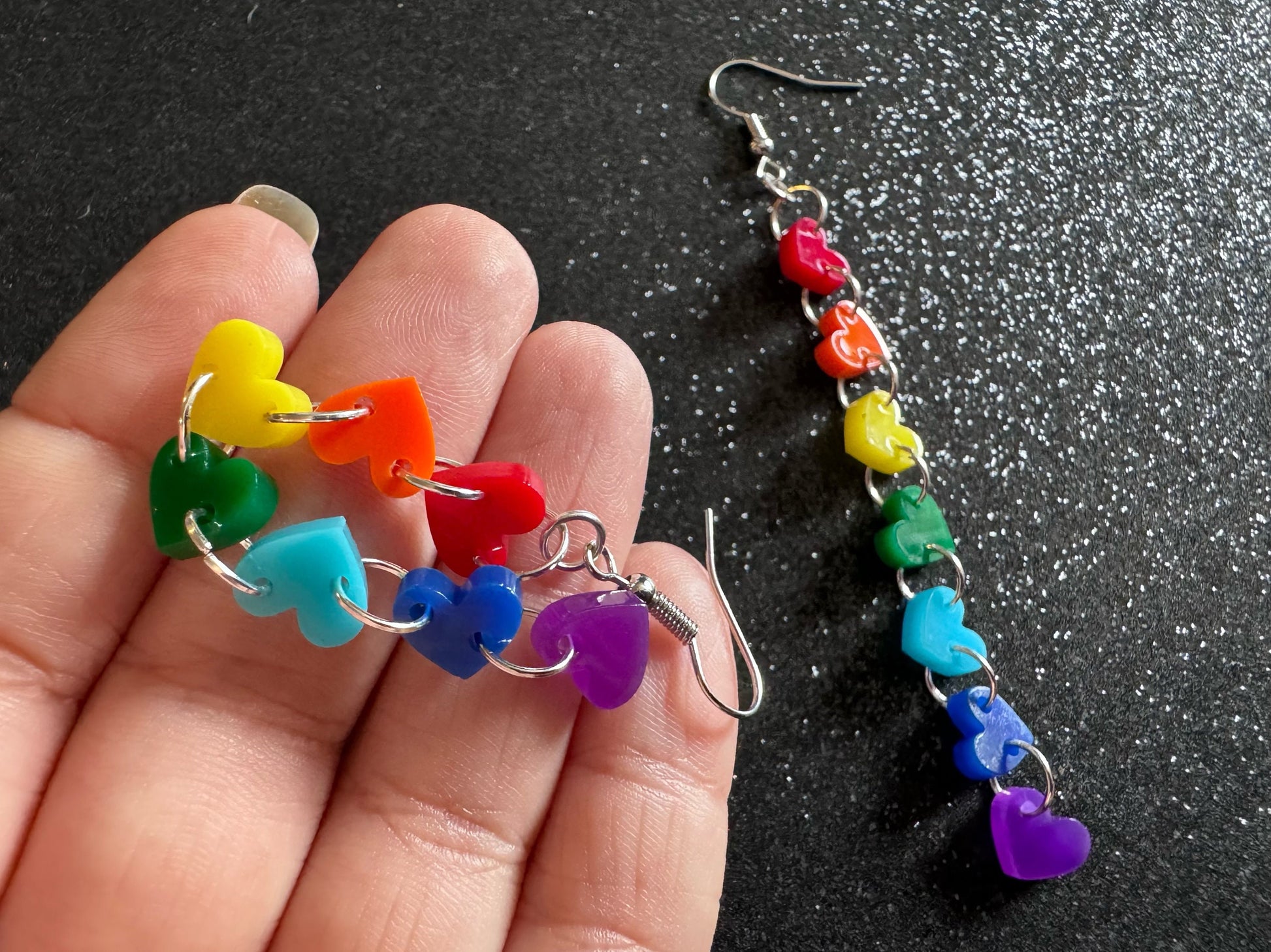 Rainbow Earrings: Laser Cut Acrylic Heart Chain, Rainbows, LGBTQIA+, Pride, Hawaii, Aloha, Colorful Hearts, Best Gifts for Her/Him/Them