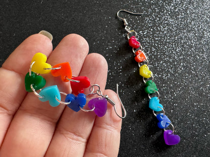 Rainbow Earrings: Laser Cut Acrylic Heart Chain, Rainbows, LGBTQIA+, Pride, Hawaii, Aloha, Colorful Hearts, Best Gifts for Her/Him/Them