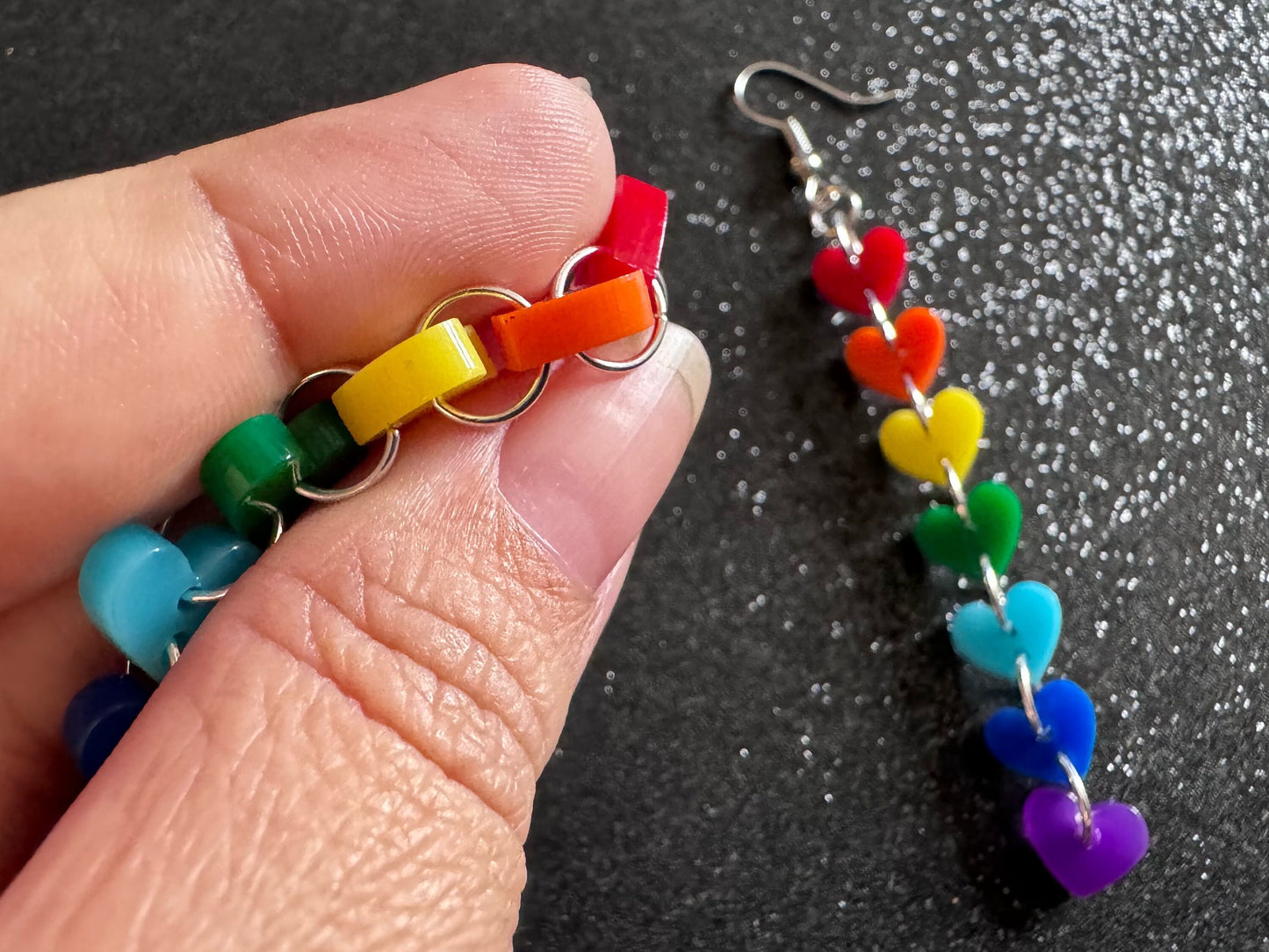 Rainbow Earrings: Laser Cut Acrylic Heart Chain, Rainbows, LGBTQIA+, Pride, Hawaii, Aloha, Colorful Hearts, Best Gifts for Her/Him/Them