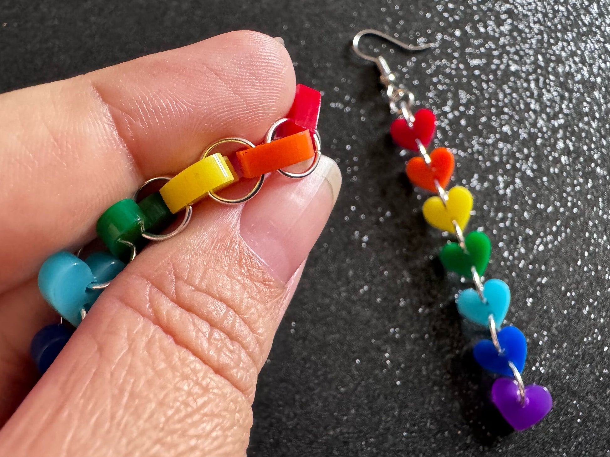 Rainbow Earrings: Laser Cut Acrylic Heart Chain, Rainbows, LGBTQIA+, Pride, Hawaii, Aloha, Colorful Hearts, Best Gifts for Her/Him/Them