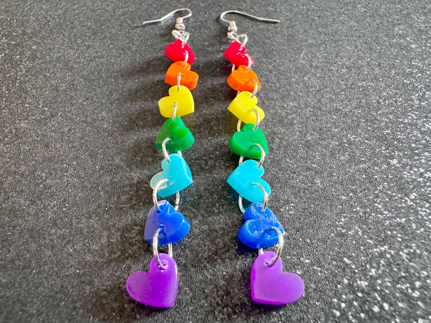 Rainbow Earrings: Laser Cut Acrylic Heart Chain, Rainbows, LGBTQIA+, Pride, Hawaii, Aloha, Colorful Hearts, Best Gifts for Her/Him/Them