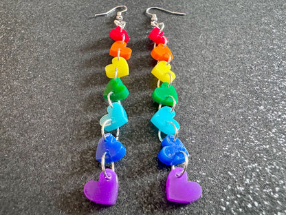 Rainbow Earrings: Laser Cut Acrylic Heart Chain, Rainbows, LGBTQIA+, Pride, Hawaii, Aloha, Colorful Hearts, Best Gifts for Her/Him/Them