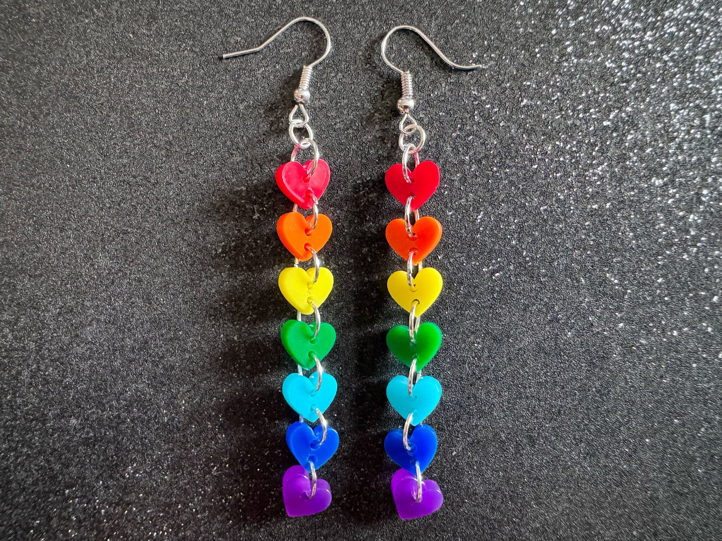 Rainbow Earrings: Laser Cut Acrylic Heart Chain, Rainbows, LGBTQIA+, Pride, Hawaii, Aloha, Colorful Hearts, Best Gifts for Her/Him/Them