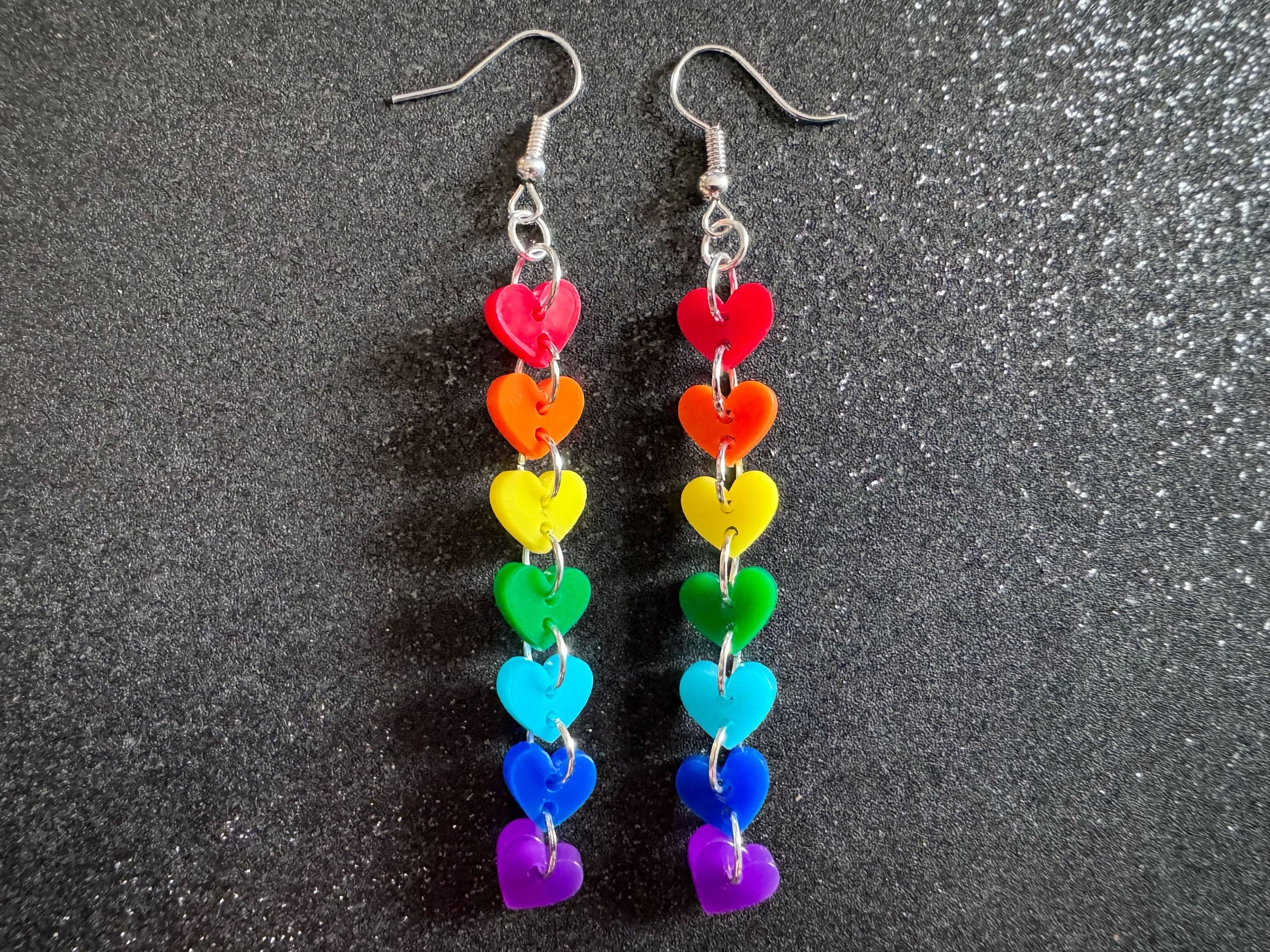 Rainbow Earrings: Laser Cut Acrylic Heart Chain, Rainbows, LGBTQIA+, Pride, Hawaii, Aloha, Colorful Hearts, Best Gifts for Her/Him/Them