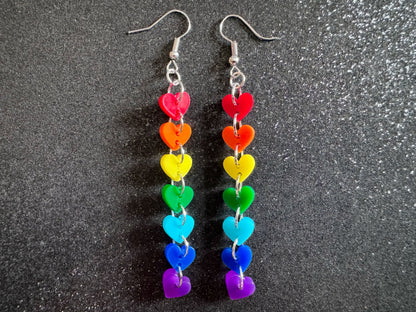 Rainbow Earrings: Laser Cut Acrylic Heart Chain, Rainbows, LGBTQIA+, Pride, Hawaii, Aloha, Colorful Hearts, Best Gifts for Her/Him/Them