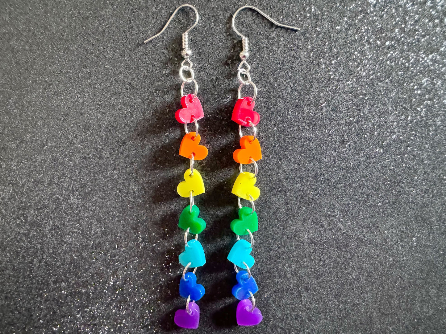 Rainbow Earrings: Laser Cut Acrylic Heart Chain, Rainbows, LGBTQIA+, Pride, Hawaii, Aloha, Colorful Hearts, Best Gifts for Her/Him/Them