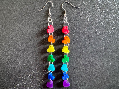 Rainbow Earrings: Laser Cut Acrylic Heart Chain, Rainbows, LGBTQIA+, Pride, Hawaii, Aloha, Colorful Hearts, Best Gifts for Her/Him/Them