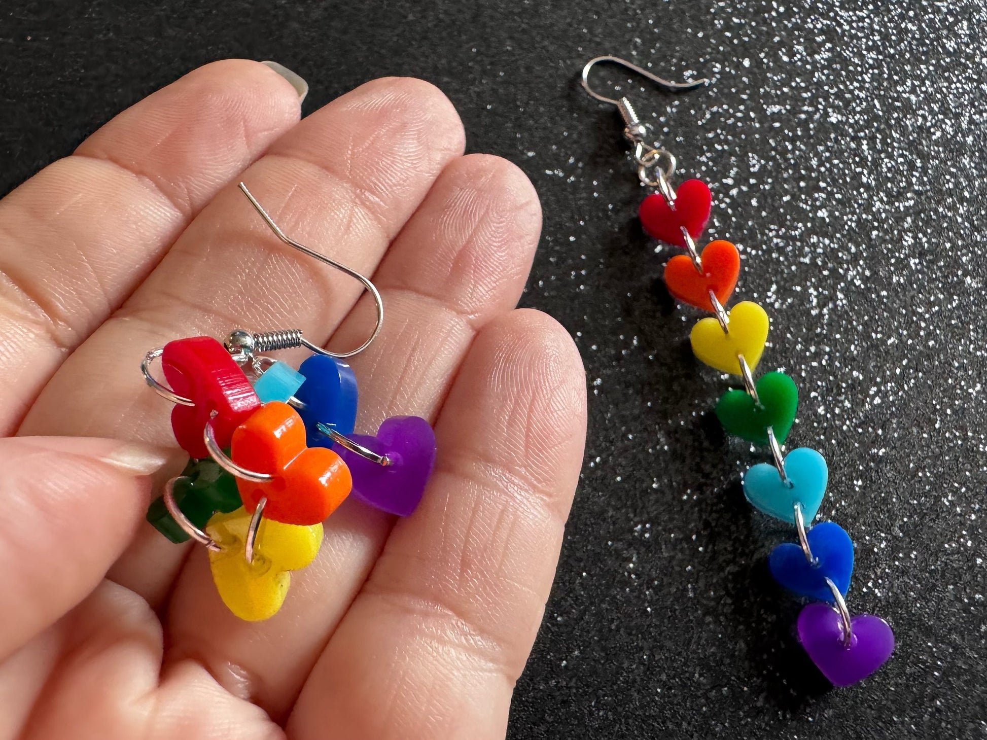 Rainbow Earrings: Laser Cut Acrylic Heart Chain, Rainbows, LGBTQIA+, Pride, Hawaii, Aloha, Colorful Hearts, Best Gifts for Her/Him/Them
