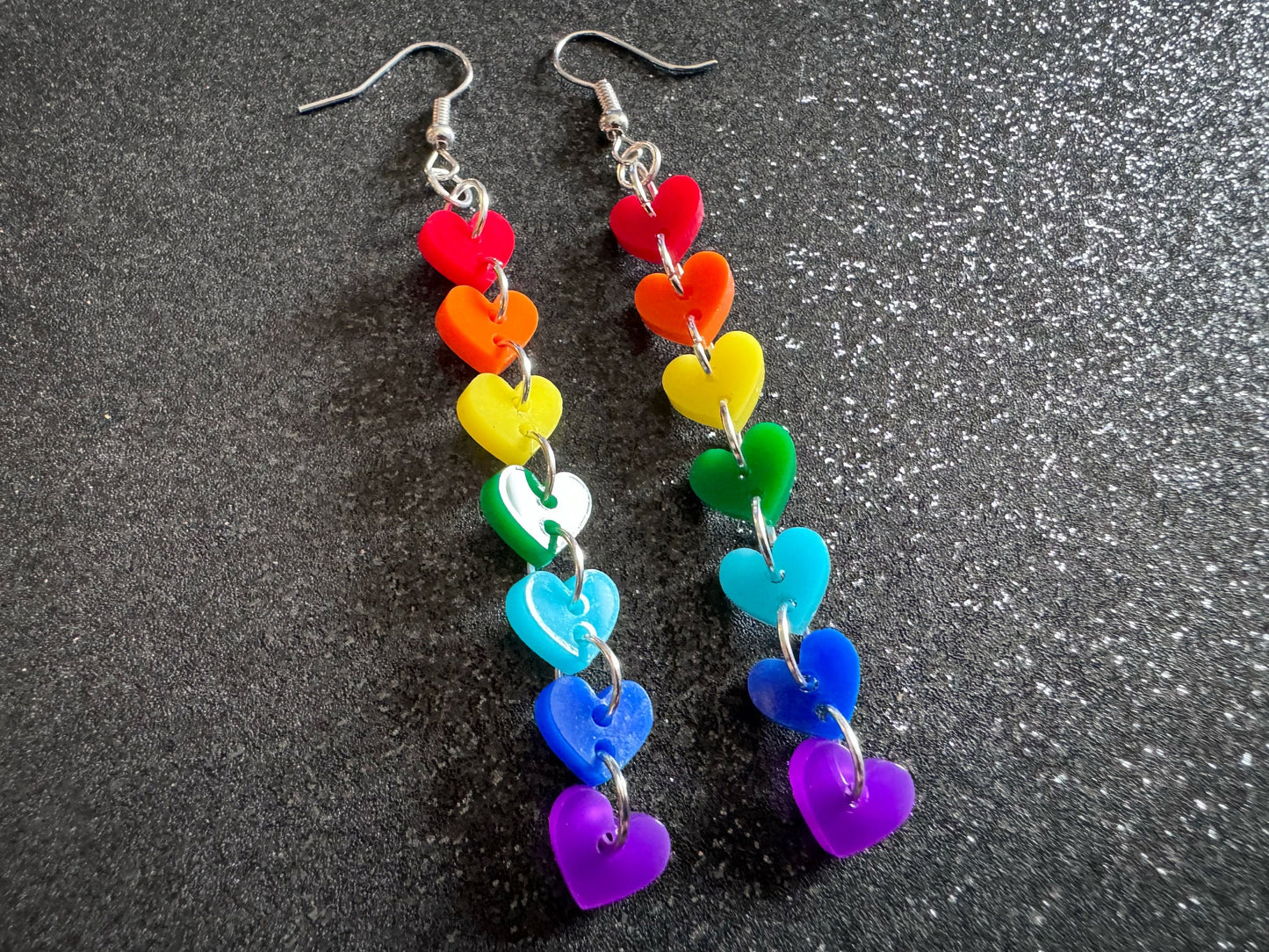Rainbow Earrings: Laser Cut Acrylic Heart Chain, Rainbows, LGBTQIA+, Pride, Hawaii, Aloha, Colorful Hearts, Best Gifts for Her/Him/Them