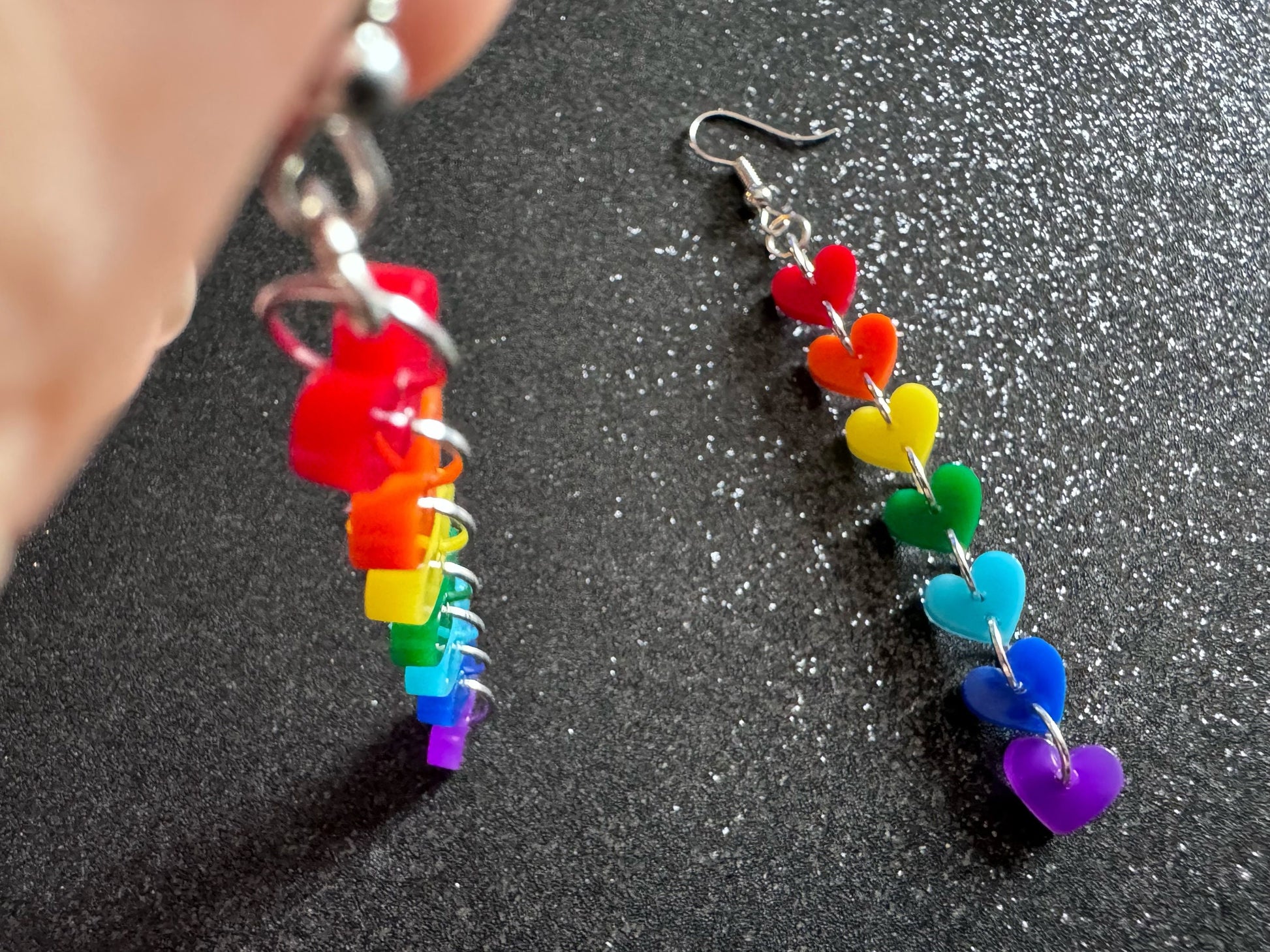 Rainbow Earrings: Laser Cut Acrylic Heart Chain, Rainbows, LGBTQIA+, Pride, Hawaii, Aloha, Colorful Hearts, Best Gifts for Her/Him/Them