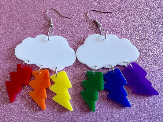 Rainbow Lightning Earrings: Laser Cut Acrylic Rainbow Clouds, Pride, Lightning Bolts, LGBTQ, Colorful Lightning, Best Gifts for Her/Him/Them