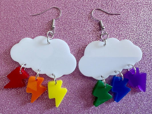Rainbow Lightning Earrings: Laser Cut Acrylic Rainbow Clouds, Pride, Lightning Bolts, LGBTQ, Colorful Lightning, Best Gifts for Her/Him/Them