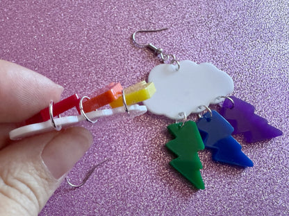 Rainbow Lightning Earrings: Laser Cut Acrylic Rainbow Clouds, Pride, Lightning Bolts, LGBTQ, Colorful Lightning, Best Gifts for Her/Him/Them