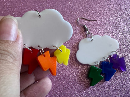 Rainbow Lightning Earrings: Laser Cut Acrylic Rainbow Clouds, Pride, Lightning Bolts, LGBTQ, Colorful Lightning, Best Gifts for Her/Him/Them