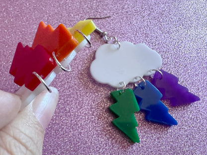 Rainbow Lightning Earrings: Laser Cut Acrylic Rainbow Clouds, Pride, Lightning Bolts, LGBTQ, Colorful Lightning, Best Gifts for Her/Him/Them