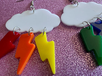 Rainbow Lightning Earrings: Laser Cut Acrylic Rainbow Clouds, Pride, Lightning Bolts, LGBTQ, Colorful Lightning, Best Gifts for Her/Him/Them