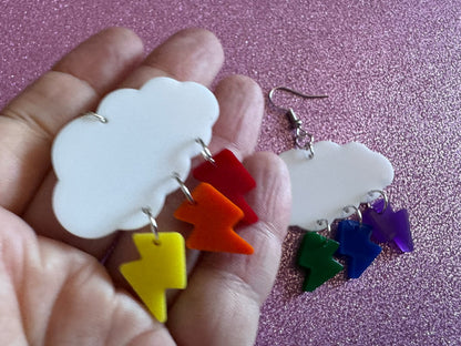 Rainbow Lightning Earrings: Laser Cut Acrylic Rainbow Clouds, Pride, Lightning Bolts, LGBTQ, Colorful Lightning, Best Gifts for Her/Him/Them