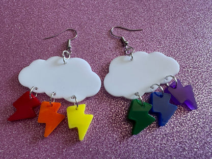 Rainbow Lightning Earrings: Laser Cut Acrylic Rainbow Clouds, Pride, Lightning Bolts, LGBTQ, Colorful Lightning, Best Gifts for Her/Him/Them