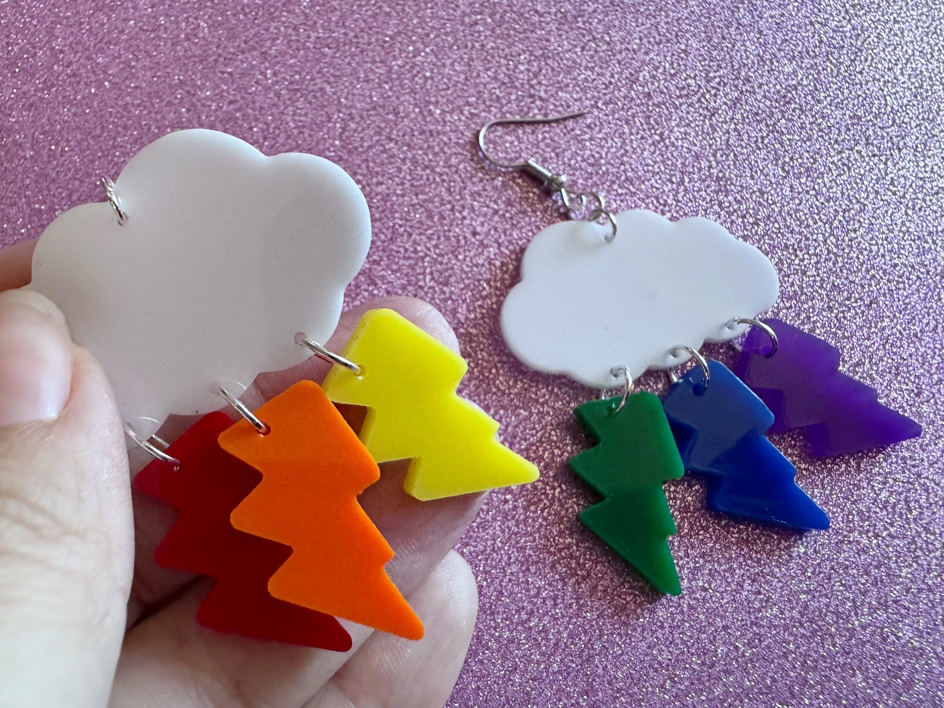 Rainbow Lightning Earrings: Laser Cut Acrylic Rainbow Clouds, Pride, Lightning Bolts, LGBTQ, Colorful Lightning, Best Gifts for Her/Him/Them