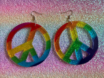 Rainbow Peace Sign Earrings: Laser Cut Acrylic Peace Signs, Hippie, Happy Hipster, Love, 80s, No War, Happiness, Best Gifts for Her/Him/Them
